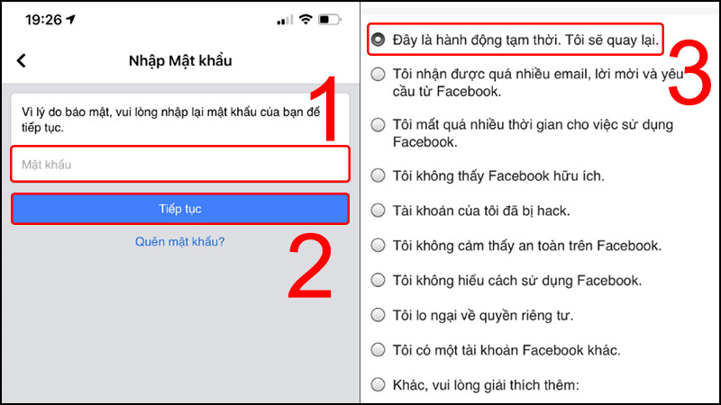 Chọn lý do vô hiệu hóa Facebook